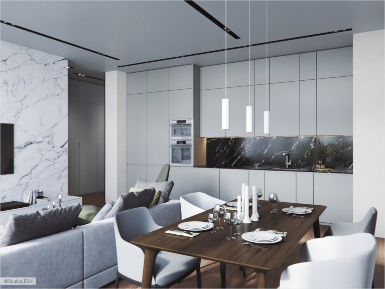 Объединенная кухня-гостиная с кухонным гарнитуром