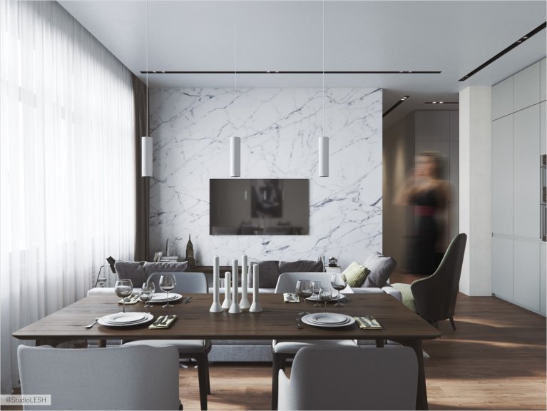 Столовая группа в кухне-гостиной для семьи из трех человек