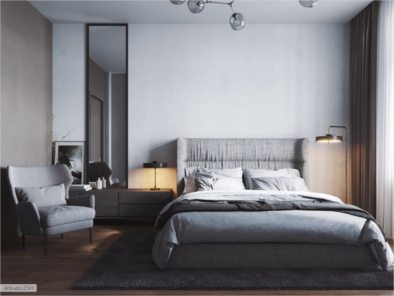 Светлая спальня в современном стиле с большой двухспальной кроватью