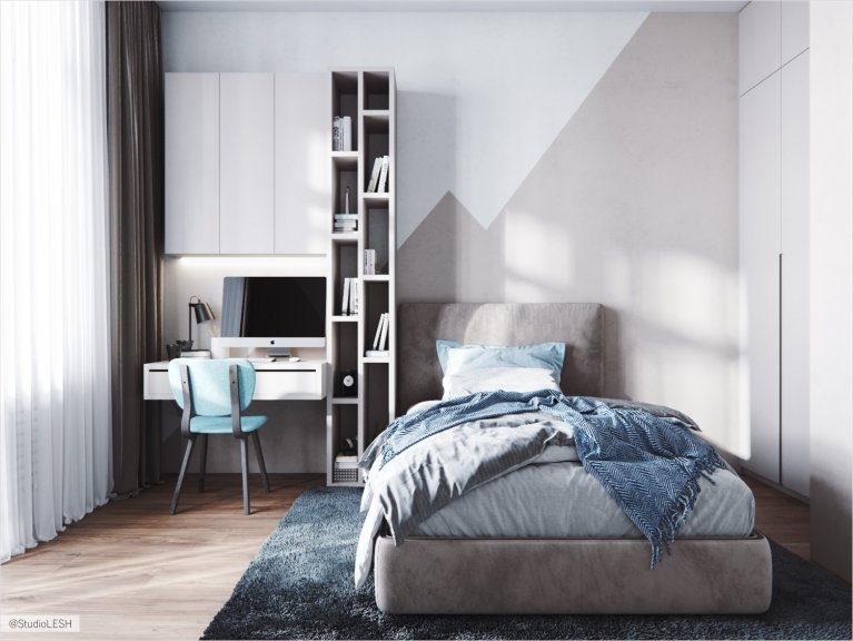 Детская комната с компактным рабочим местом и односпальной кроватью
