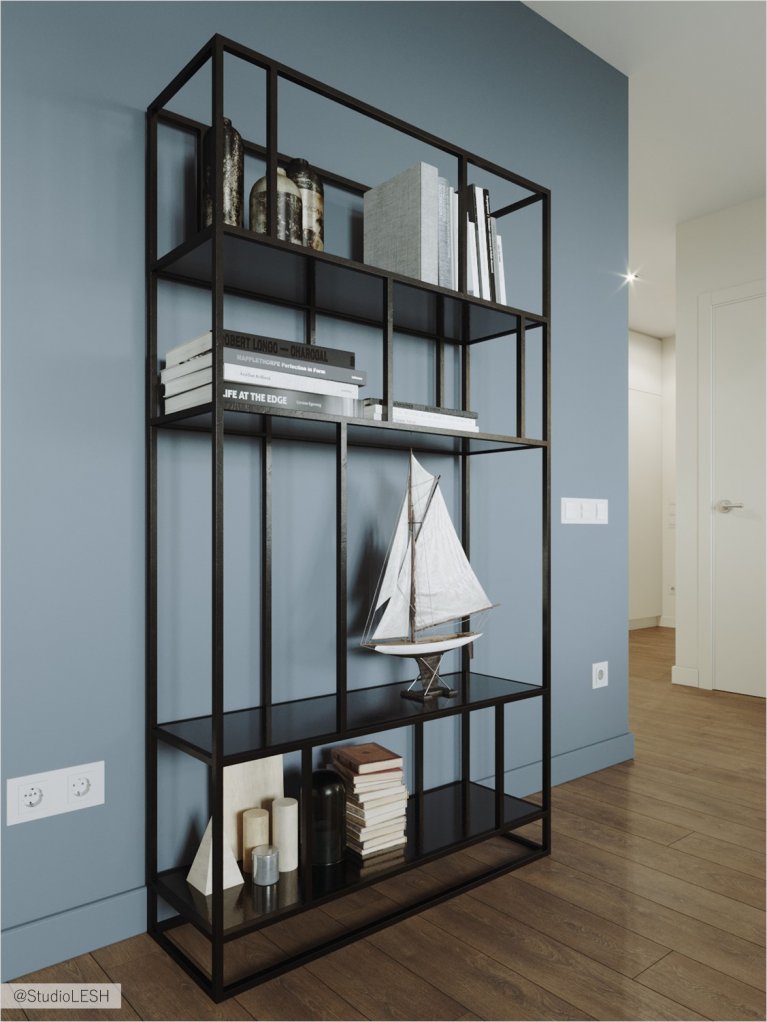 Голубая стена в гостиной для оттенения теплых оттенков