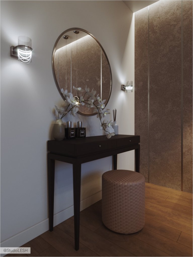 Туалетный столик с круглым зеркалом.