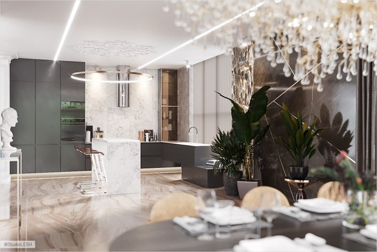 Просторная кухня-гостиная с угловой кухней