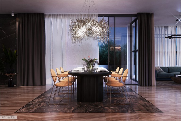 Столовая зона выделенная широкоформатным гранитом