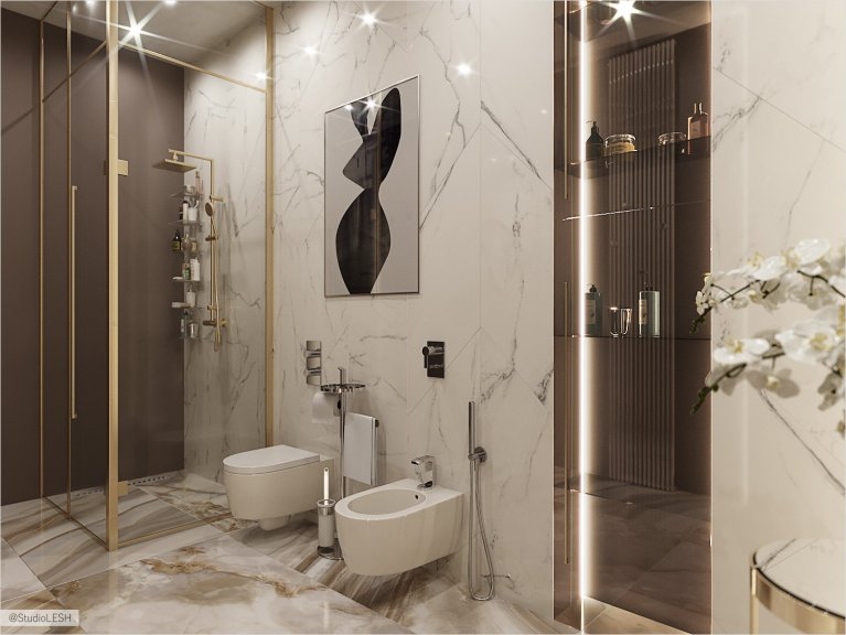 Душевая комната со стеклянным шкафом