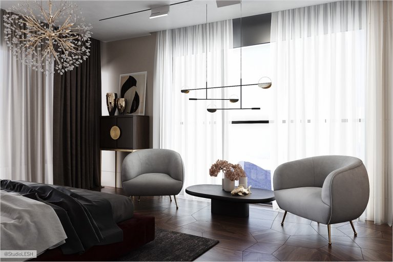 Зона отдыха в современной спальне напротив окна