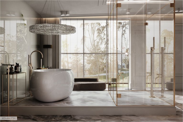  Отдельностоящая ванна на постаменте в просторной ванной комнате