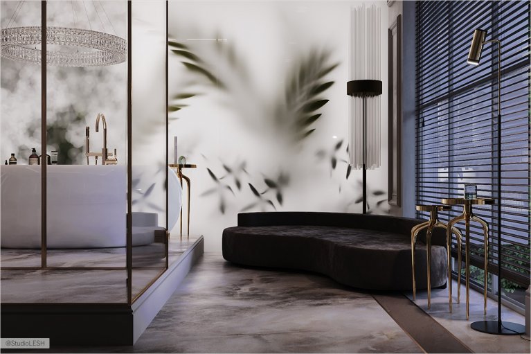 Зона отдыха в просторной ванной комнате с тропическими растениями за стеклом