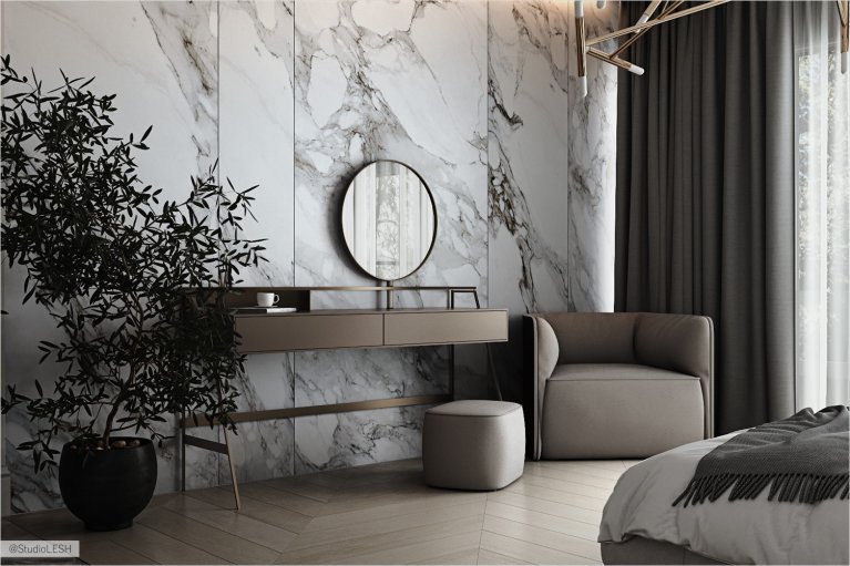 Легкая консоль в спальне в качестве туалетного столика