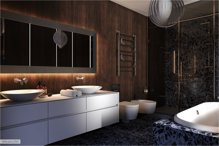 Плитка тераццо в ванной комнате с длинным зеркалом на стене