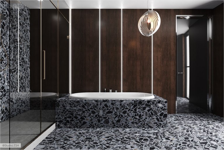 Отдельностоящая ванна в ванной с элементами дерева и душевой комнатой за темным стеклом