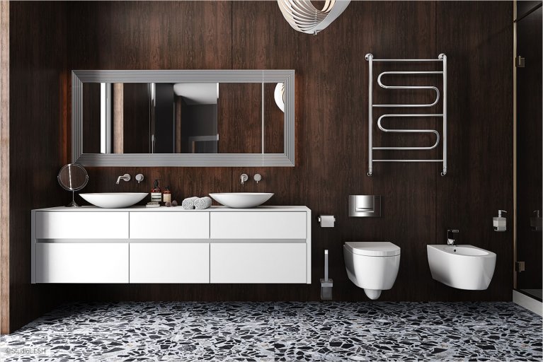 Ванная комната с полотенцесушителем и двумя раковинами с отделкой под дерево