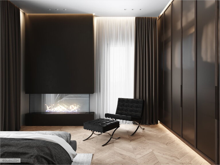  Biofireplace in the bedroom and a wardrobe behind frosted glass