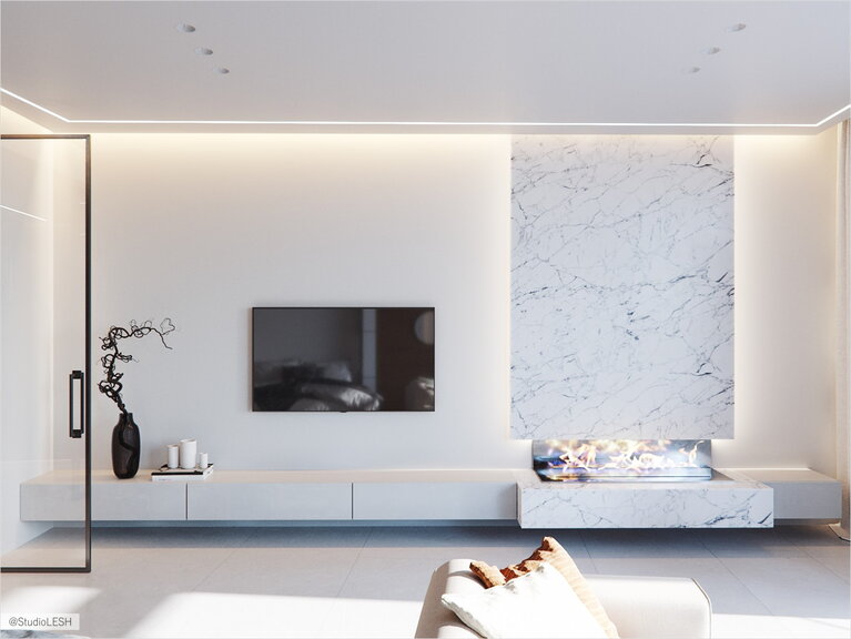 Biofireplace in a hanging shelf with lighting in a marble slab