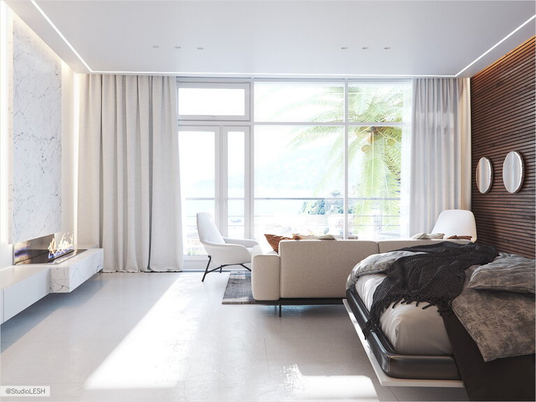 Bright living room in a minimalist style with a panoramic window.