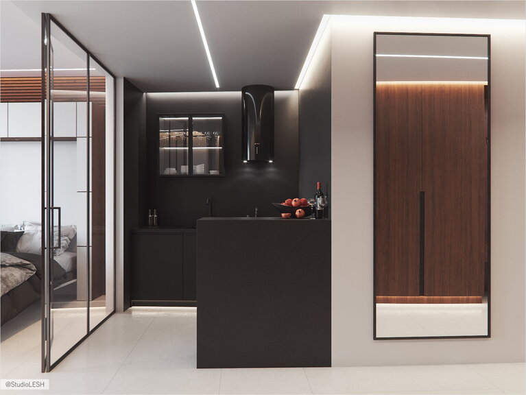 Compact kitchen with glass cabinets