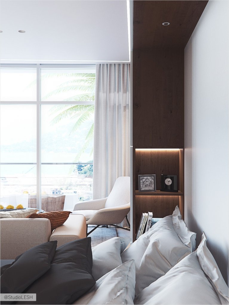 Built-in shelf in a folding bed in the living room