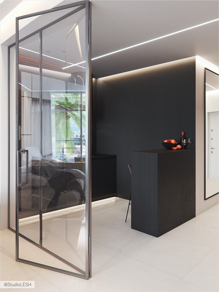 Contrast black minimalist kitchen with glass partition