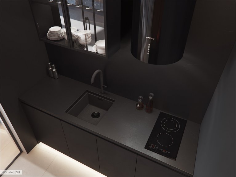 Luxurious kitchen with a cylindrical hood