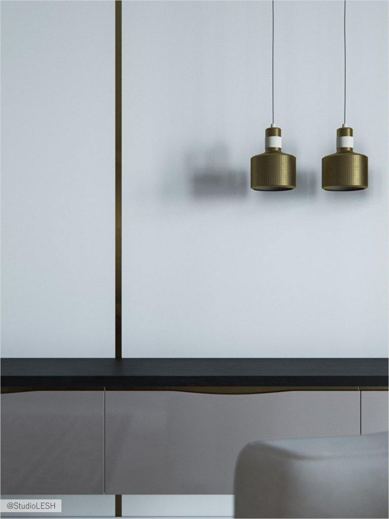 Designer light and hanging drawers with designer chairs