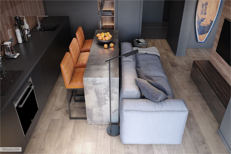 Living room interior combined with kitchen