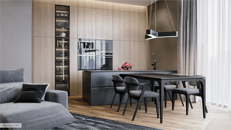 Modern living room with large table and kitchen island