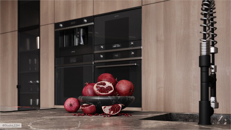 Stone countertop and sink in the island