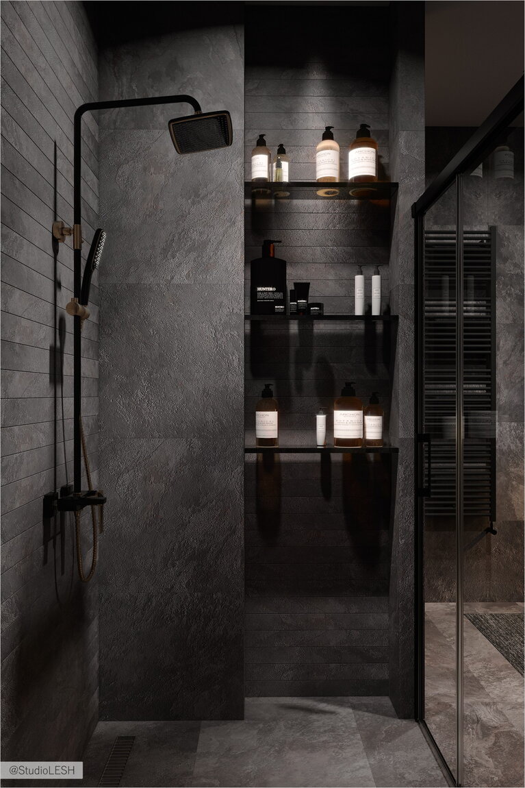 Dark bathroom with glass curtains