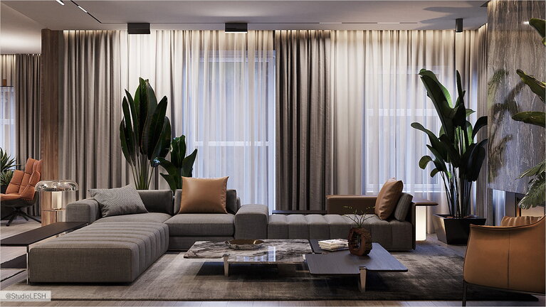 Современный дизайн гостиной в загородном доме 