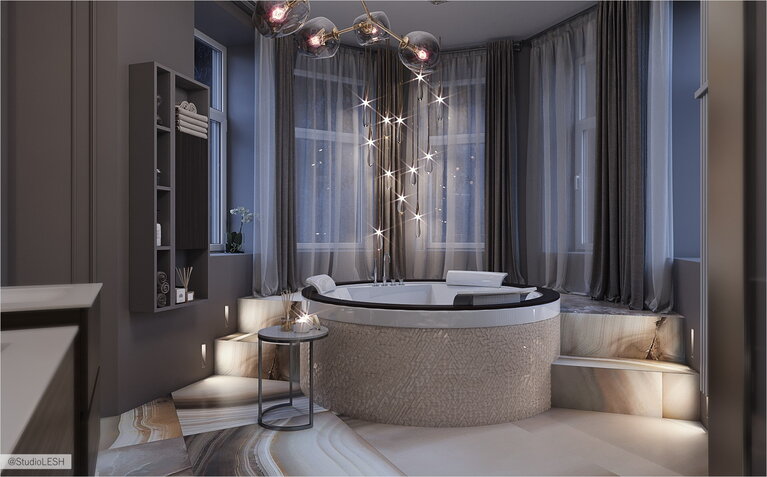 Round built-in bathtub with hydromassage in the interior