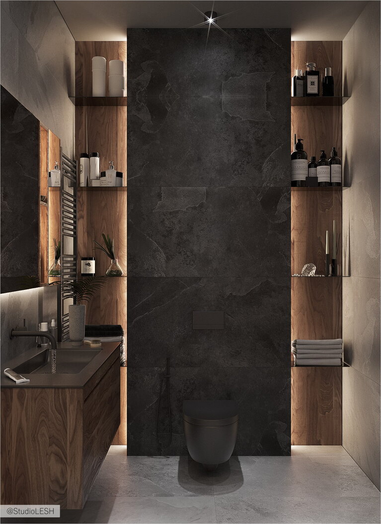 Bathroom with black toilet