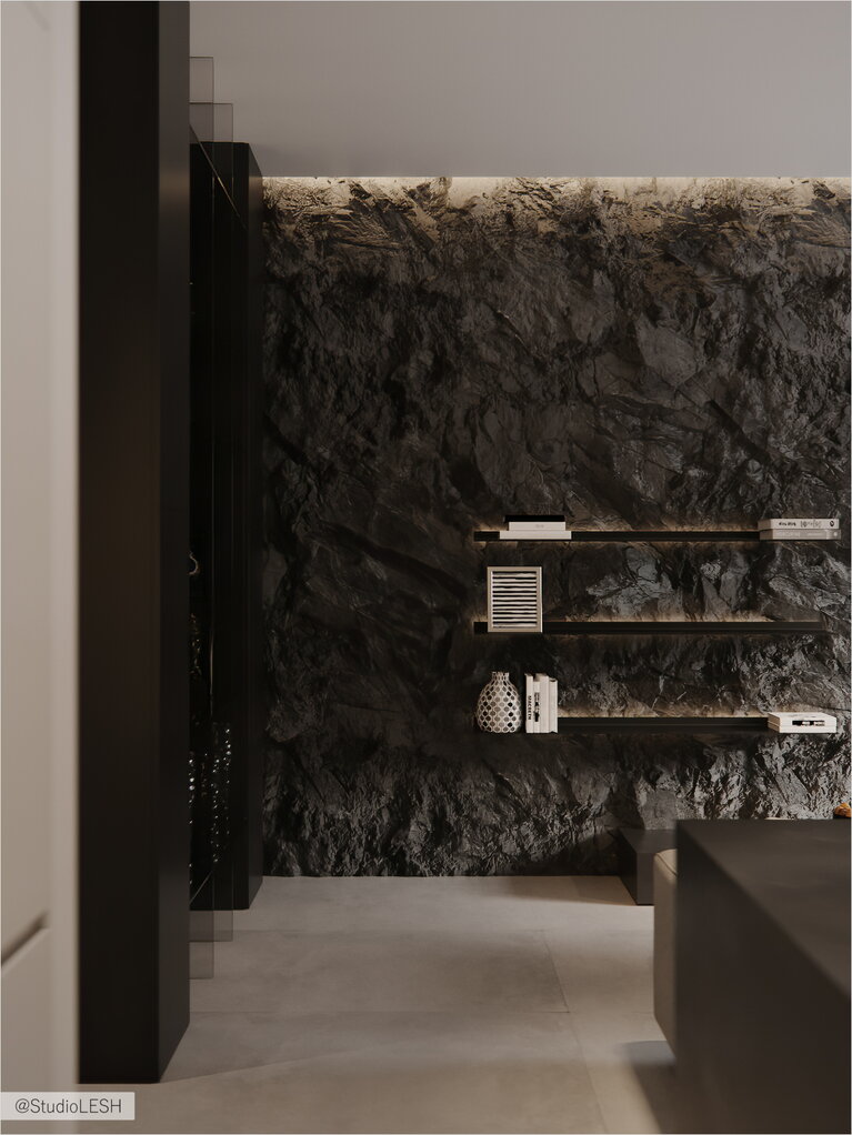 Black wall of architectural concrete in the living room