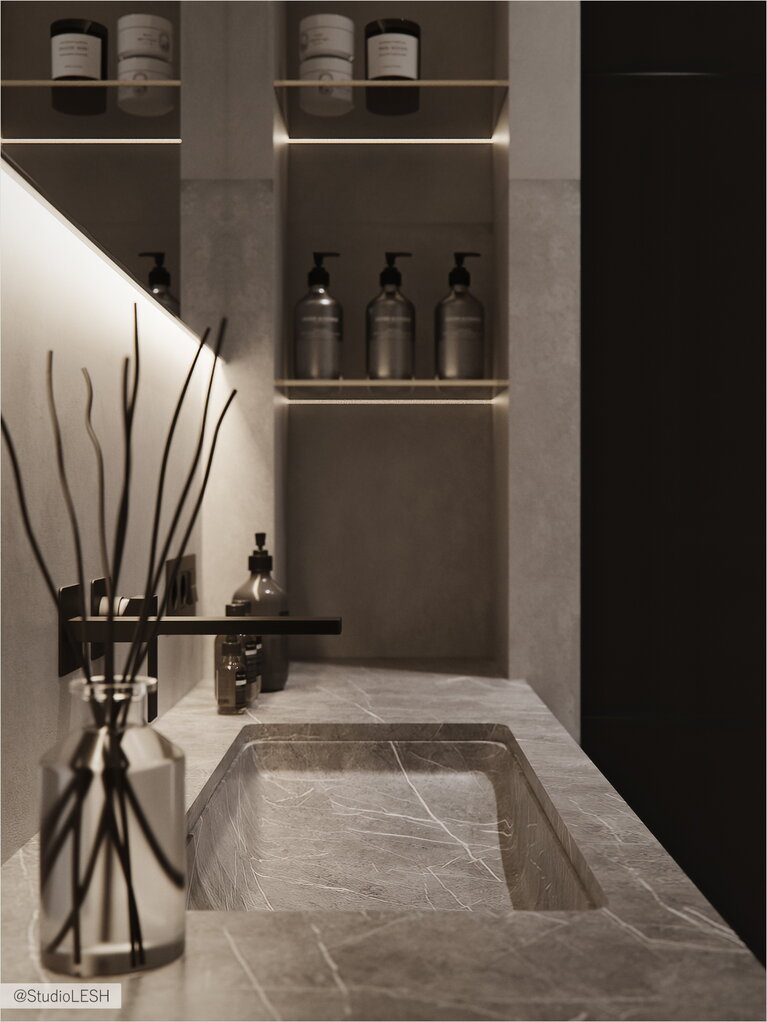 Bathroom sink with shelves