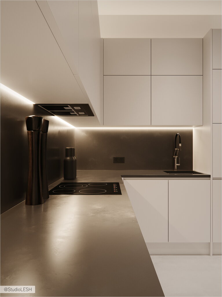 Dark countertop and apron in the kitchen