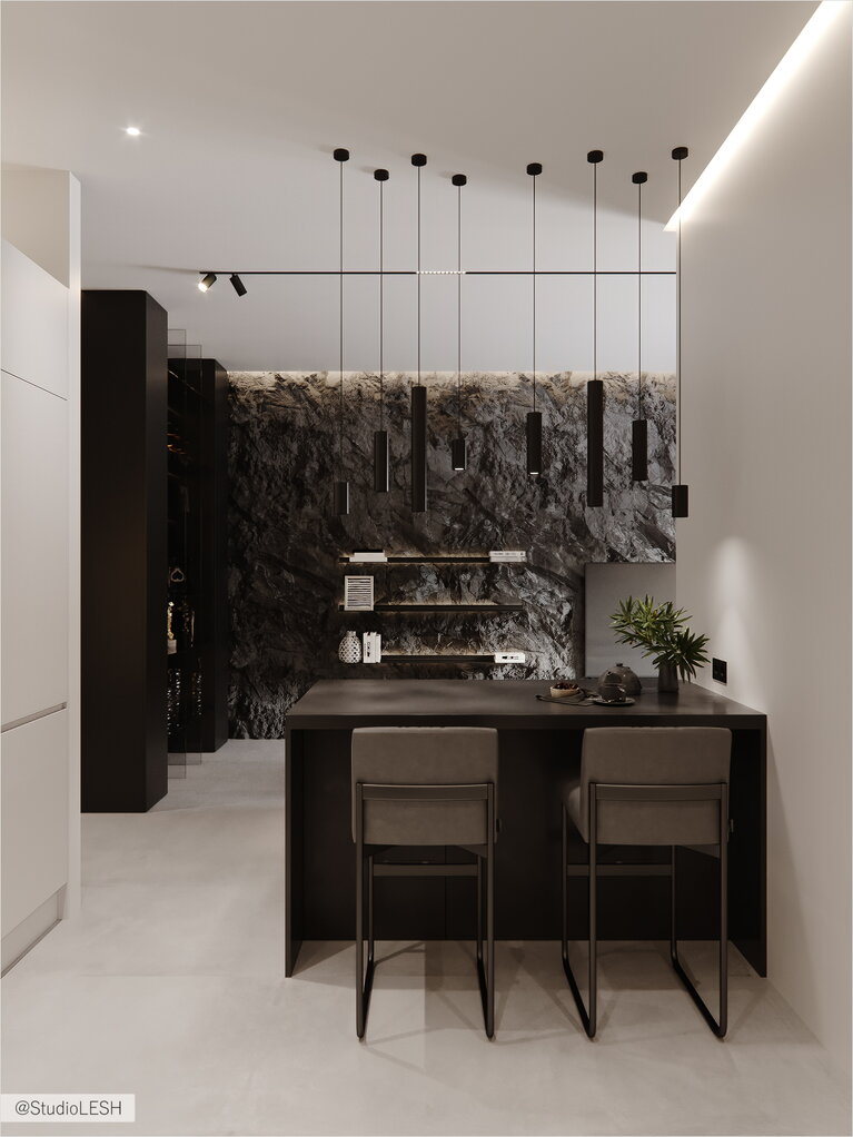 Тёмная столешница и фартук на кухне 