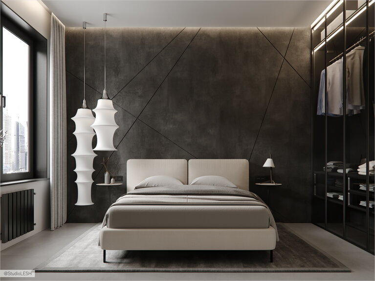Люстра в спальне. Яркий акцент в монохромном интерьере 