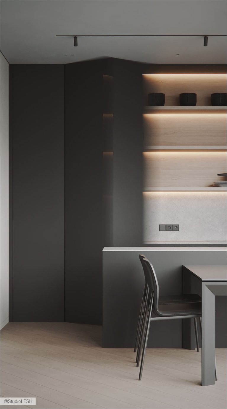 Современная кухня с минималистичными фасадами, встроенной техникой и подсветкой, с обеденным столом и стульями.