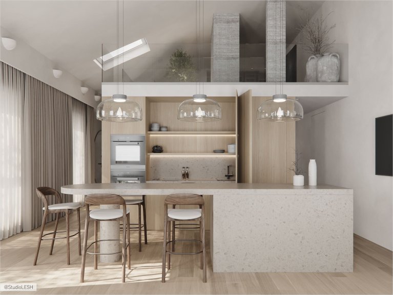 Современная кухня с двухуровневым дизайном, где на первом этаже расположен кухонный гарнитур с барной стойкой и обеденным столом, а на втором этаже находится зона отдыха с мягкой мебелью и растениями.