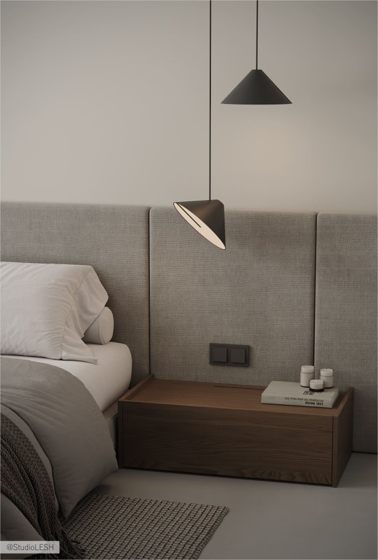 Современная спальня с минималистичным дизайном и светлой мебелью.