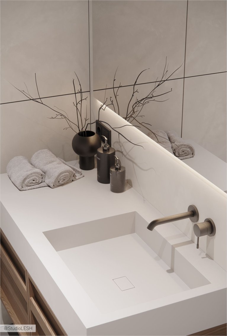 Современная ванная комната с подвесной тумбой и раковиной.