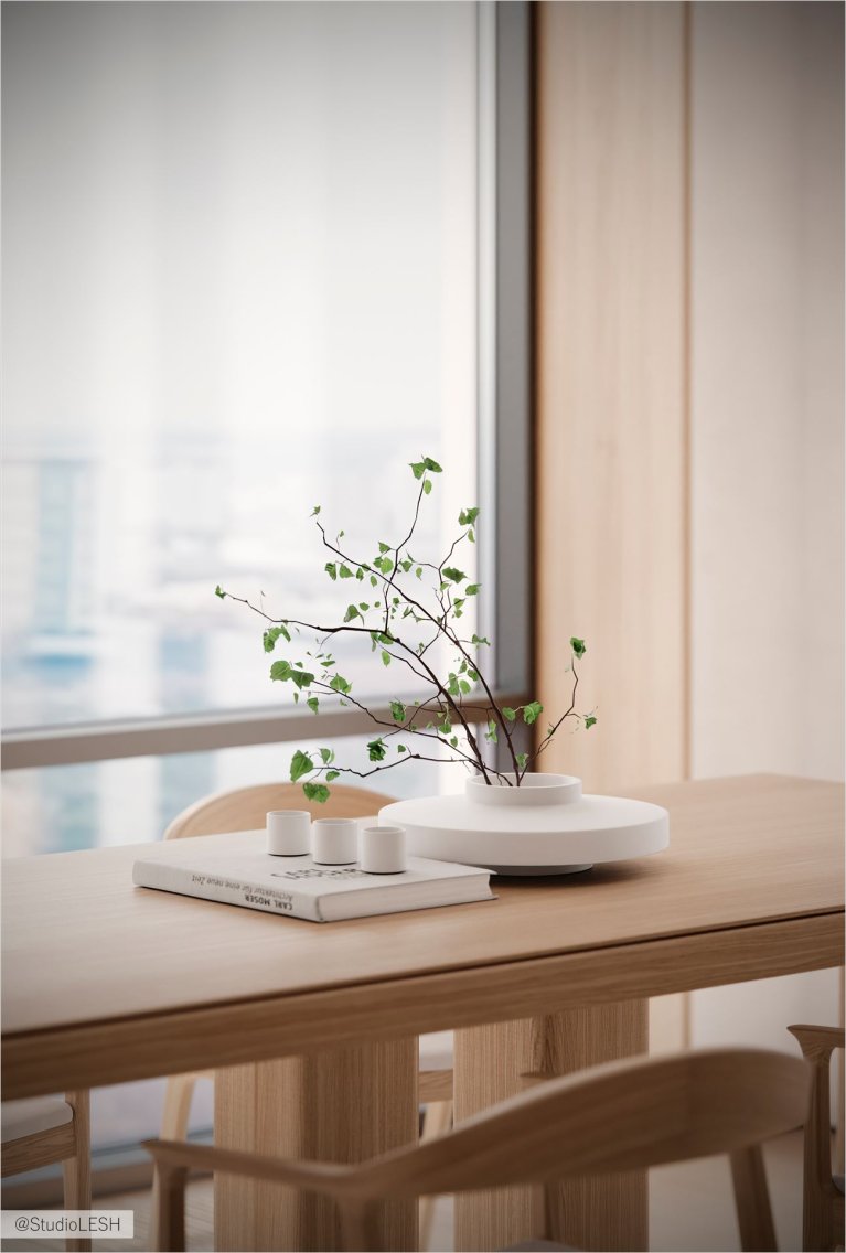 Минималистичный дизайн кухни со светлыми стенами и деревянным полом