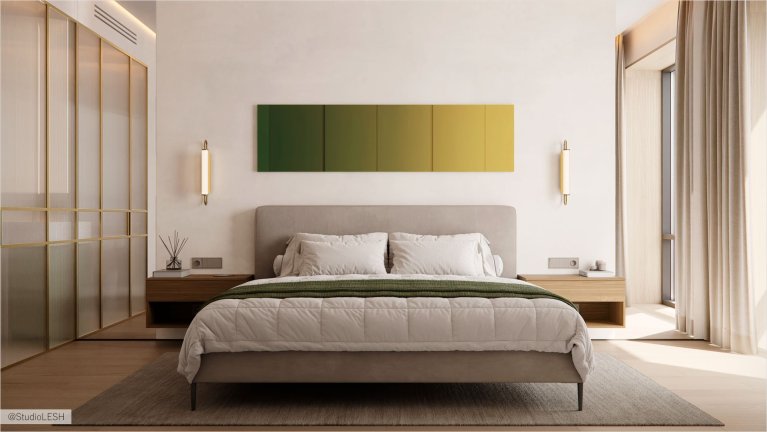 Минималистичный дизайн спальни со светлыми стенами и паркетным полом