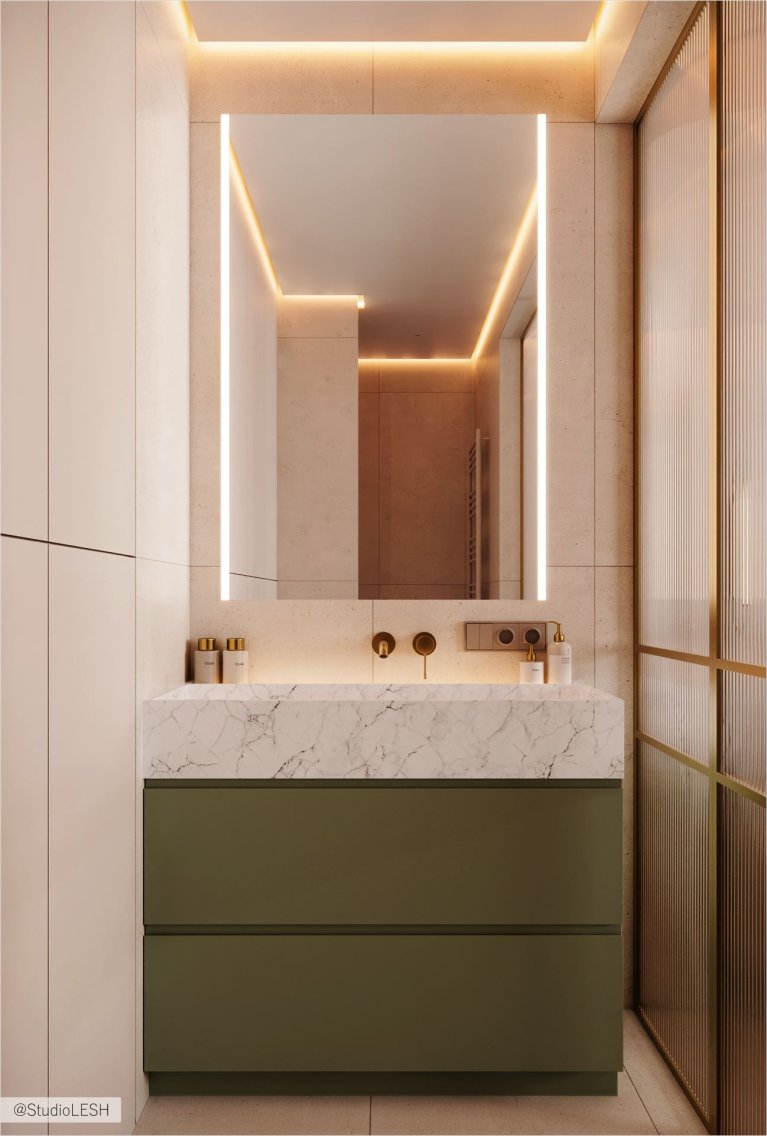 Минималистичный дизайн ванной комнаты со светлыми стенами и подвесной тумбой