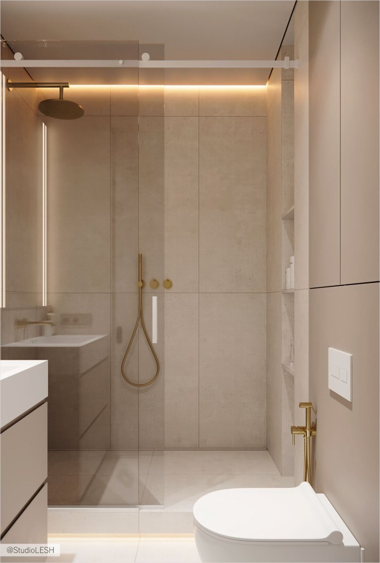 Стильная ванная комната с подсветкой и стеклянной душевой кабиной