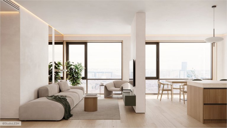 Минималистичный дизайн гостиной со светлыми стенами и деревянным полом