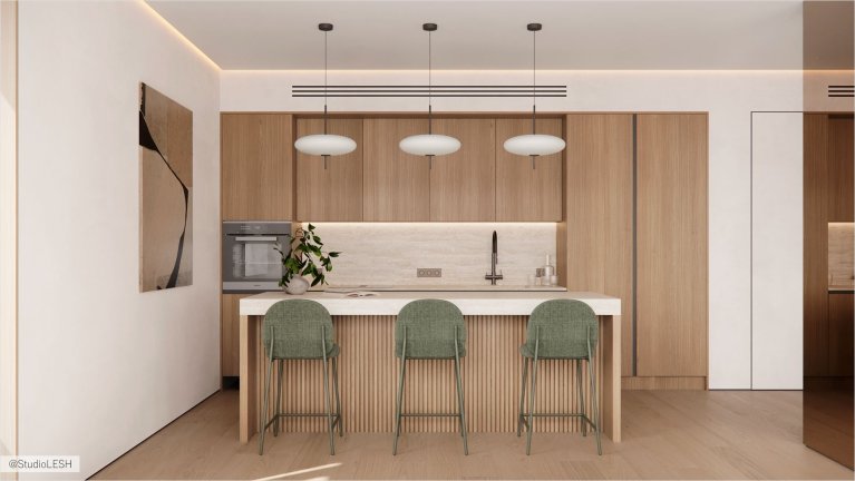 Современный интерьер кухни с островом и барными стульями