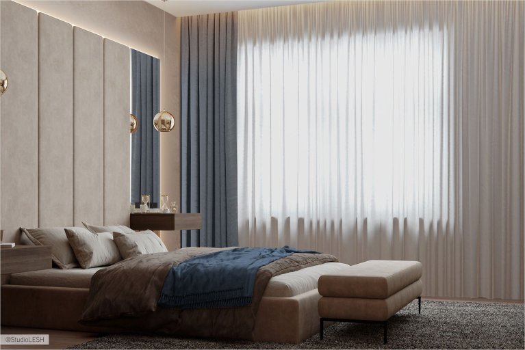 Интерьер спальни в современном стиле с акцентом на функциональность и минимализм. В комнате есть все необходимое для комфортного проживания: удобная мебель, места для хранения вещей и современная техника