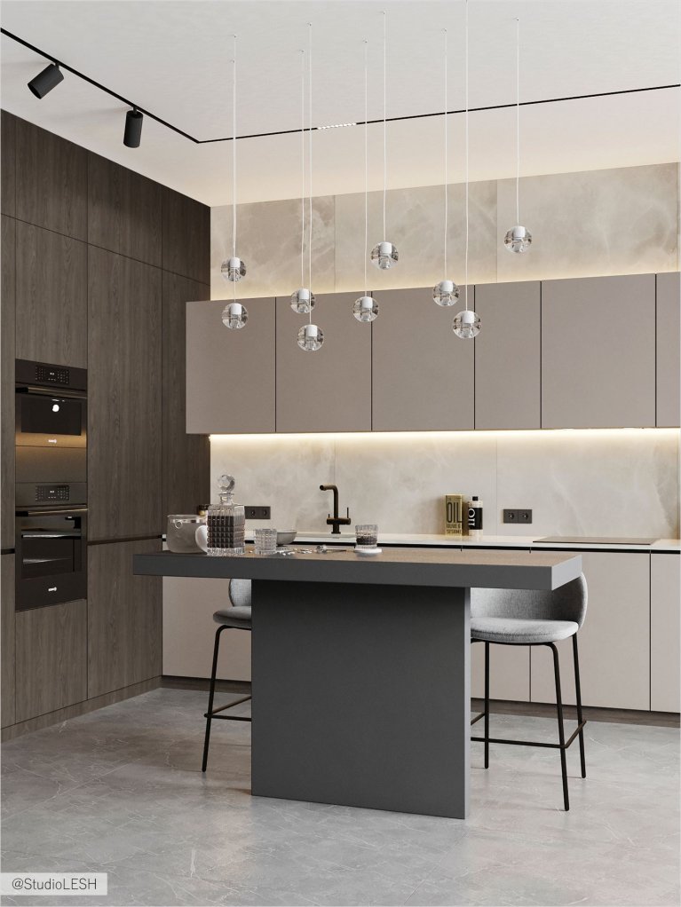 Функциональная и эстетичная кухня, объединенная с гостиной. Здесь нет ничего лишнего, только самое необходимое для комфорта и удобства. Прямые линии и простые формы создают ощущение гармонии и завершенности