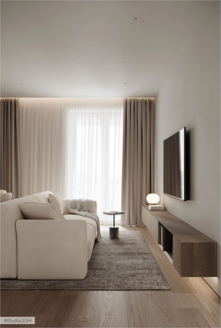 Функциональная и эстетичная гостиная, где все под рукой. Здесь нет ничего лишнего, только самое необходимое для комфорта и удобства