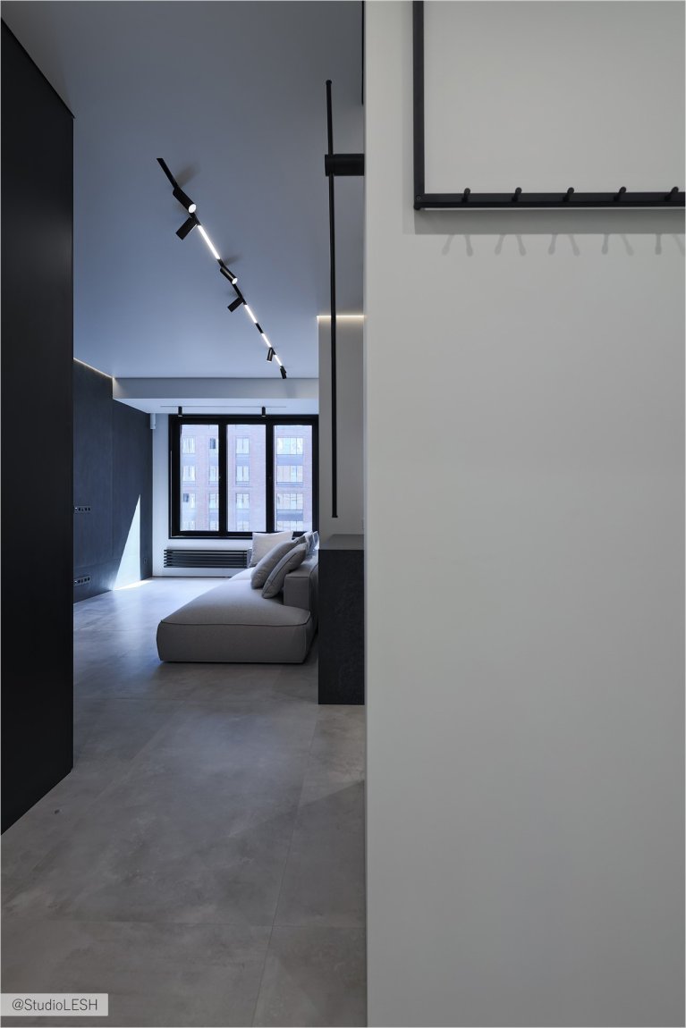 Стильный интерьер с серым диваном, украшенным подушками, и темными полками на стене. На заднем плане - большое окно, пропускающее солнечный свет, и минималистичные светильники, создающие уютную атмосферу. Видны также другие элементы декора, такие как растение в горшке и настенные часы